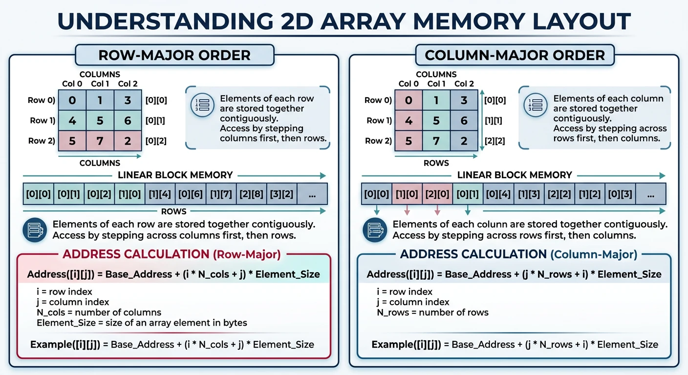 2D array memory layout showing row-major versus column-major ordering with address calculation formulas