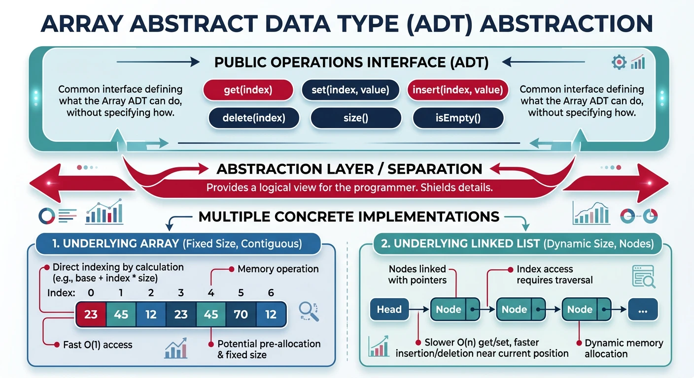 Diagram of Array ADT showing the abstraction layer between the operations interface and underlying array or linked list implementation