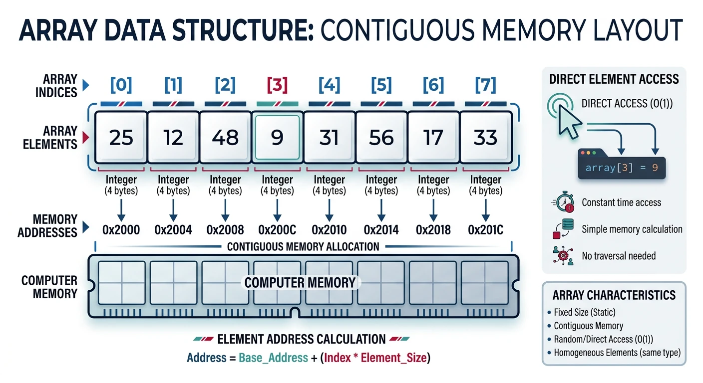 Array data structure showing contiguous memory blocks with numbered indices and direct element access