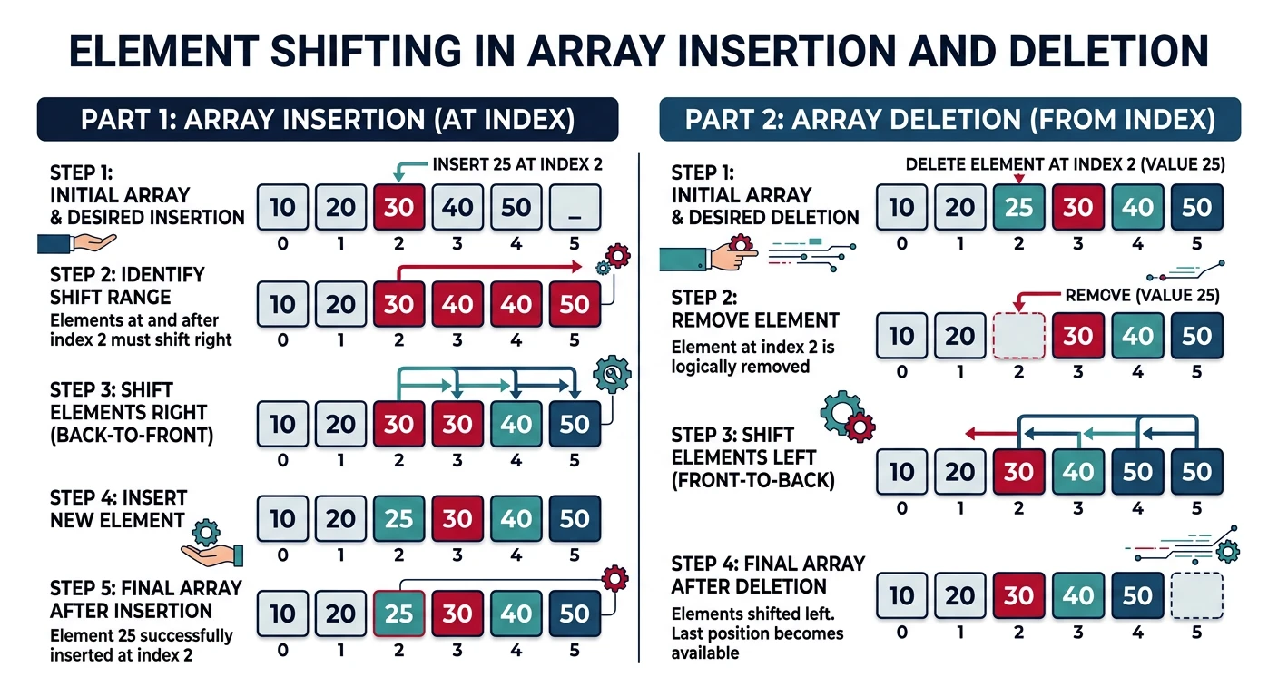 Step-by-step visualization of element shifting during array insertion at index and deletion from index