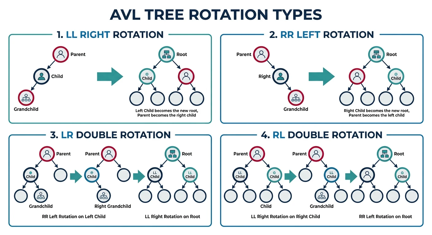 Four AVL rotation types: LL right rotation, RR left rotation, LR double rotation, RL double rotation