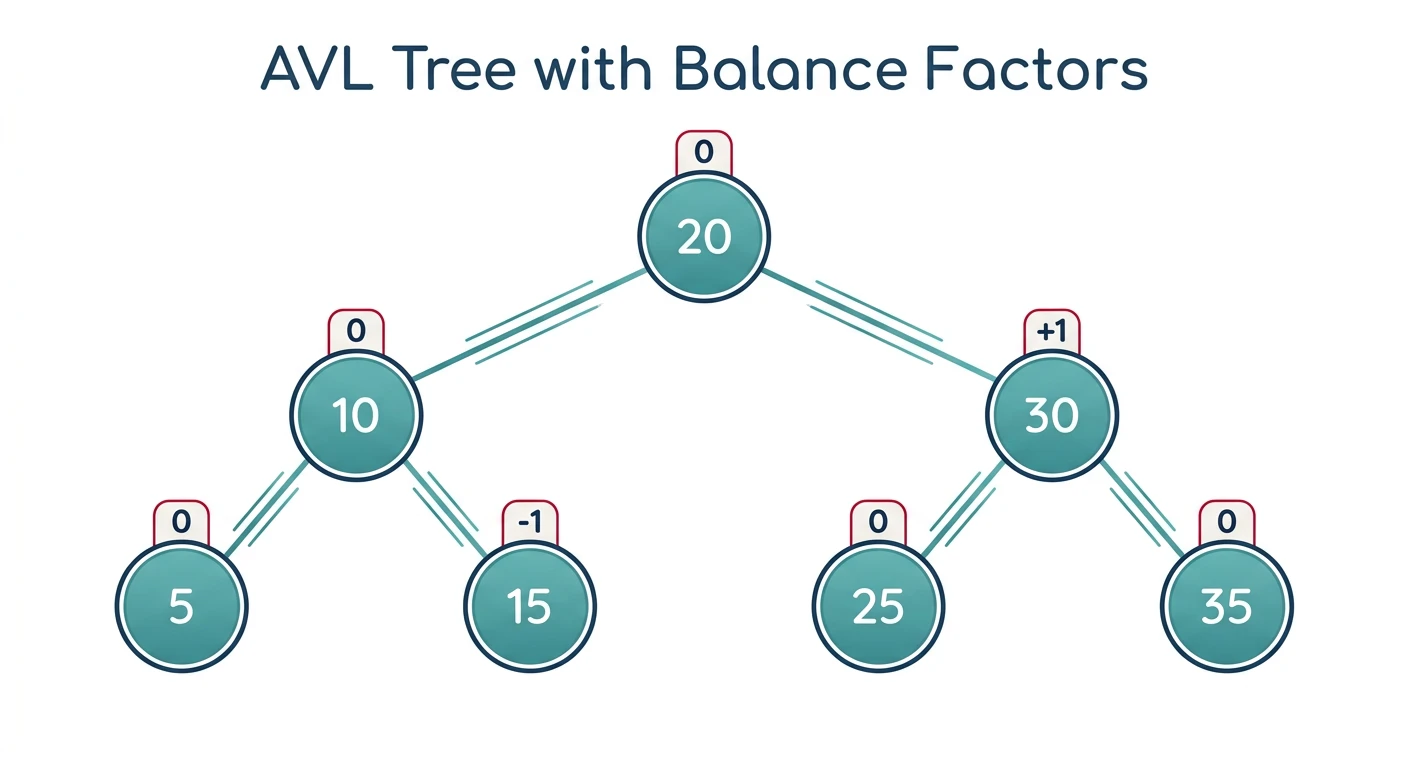 AVL tree with balance factors labeled at each node showing -1, 0, and +1 values
