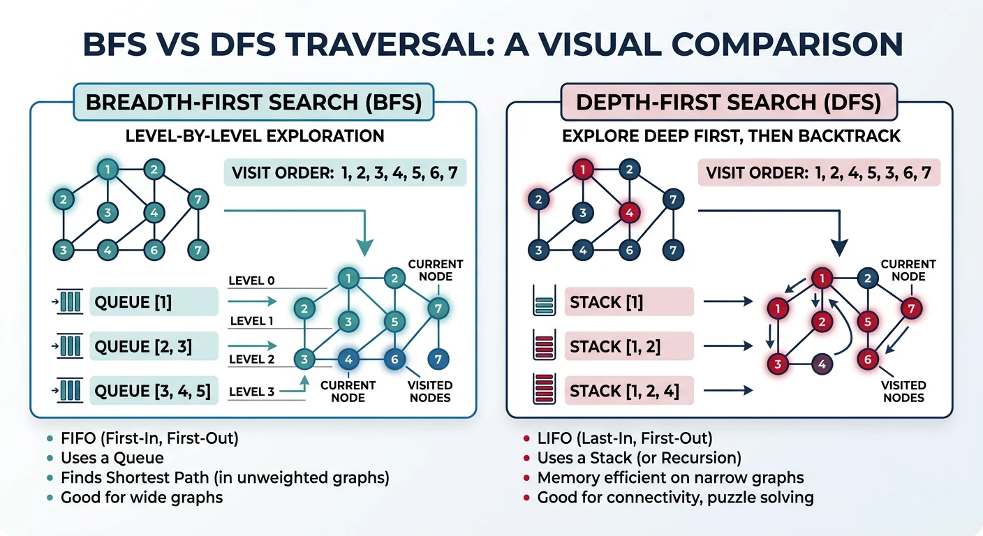 BFS level-by-level traversal vs DFS depth-first traversal on the same graph