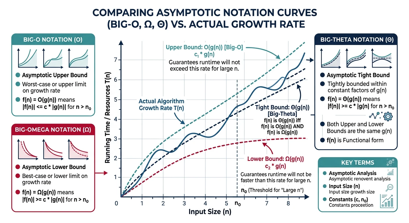 Graph comparing Big-O upper bound, Omega lower bound, and Theta tight bound notation curves against an algorithm's actual growth rate