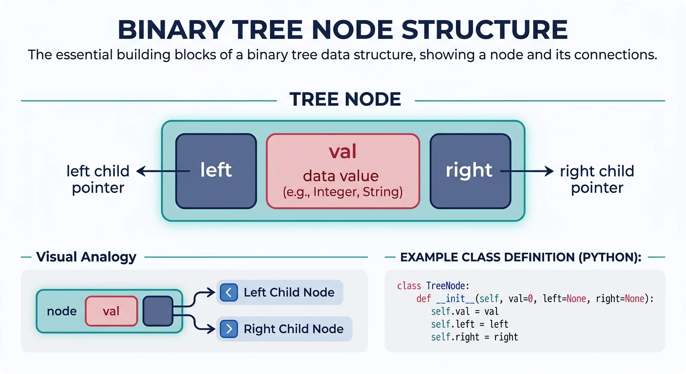 Binary tree node structure with val, left pointer, and right pointer