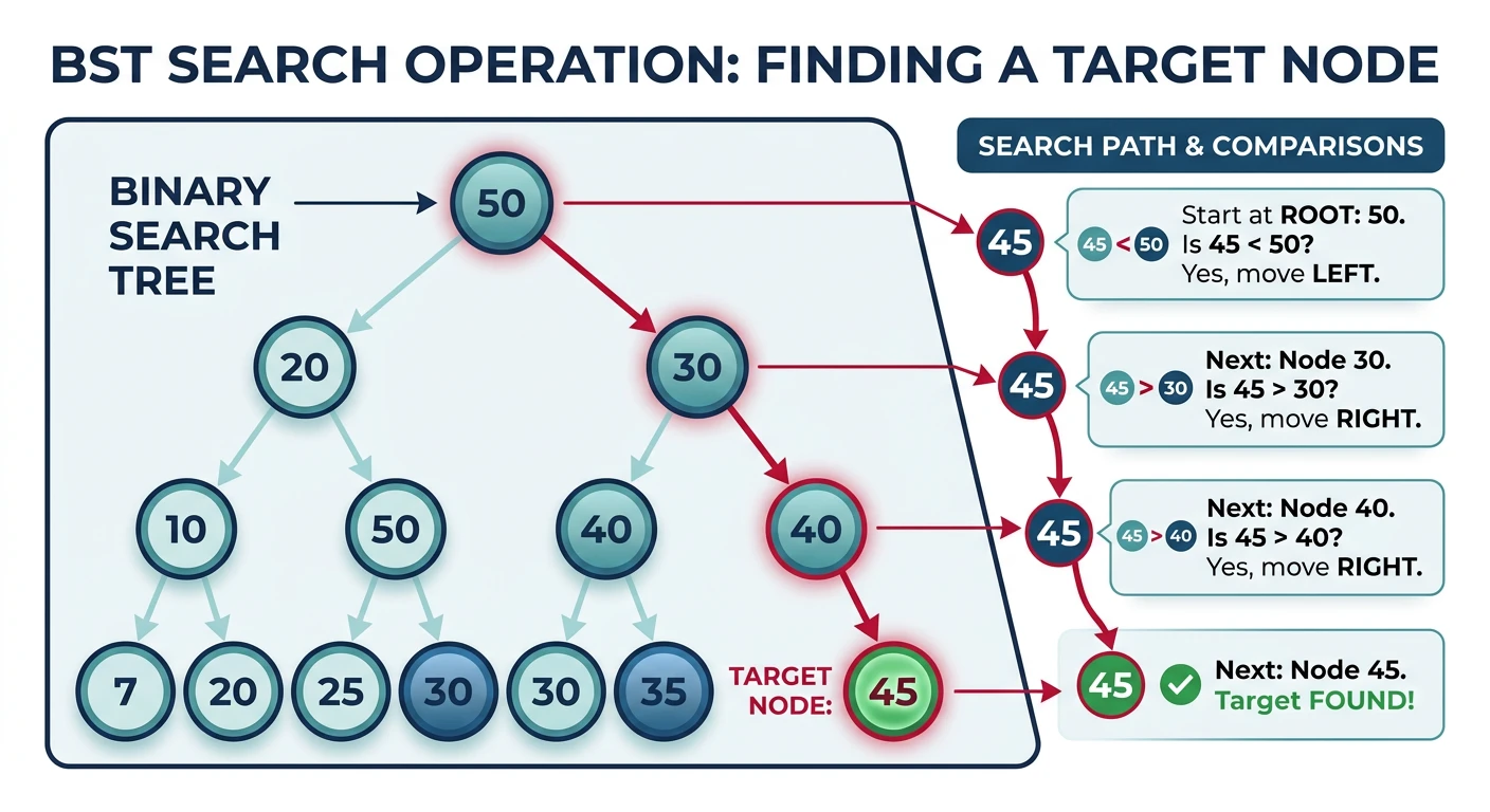 BST search operation showing path from root to target node with comparisons at each step