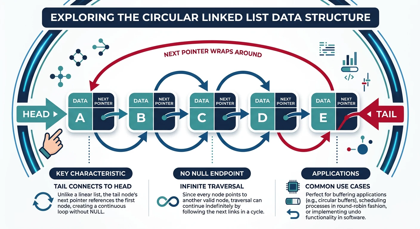 Circular linked list where the tail node's next pointer connects back to the head node, forming a continuous loop