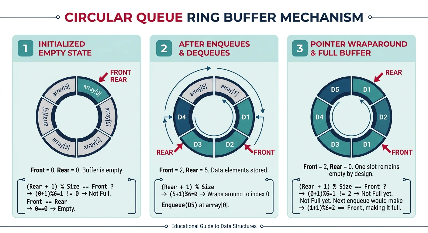 Circular queue ring buffer showing front and rear pointers wrapping around a fixed-size array