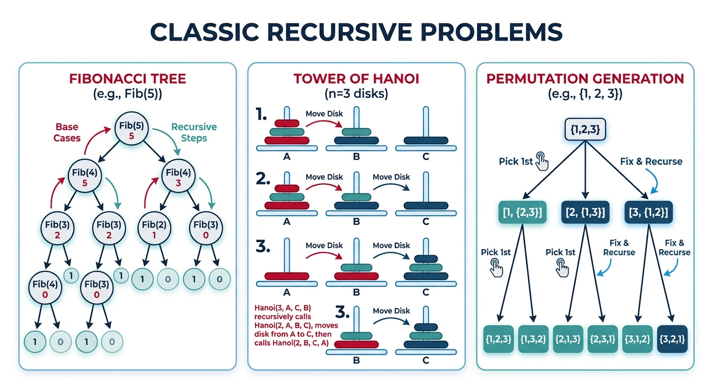 Classic recursive problems including Fibonacci tree, Tower of Hanoi, and permutation generation