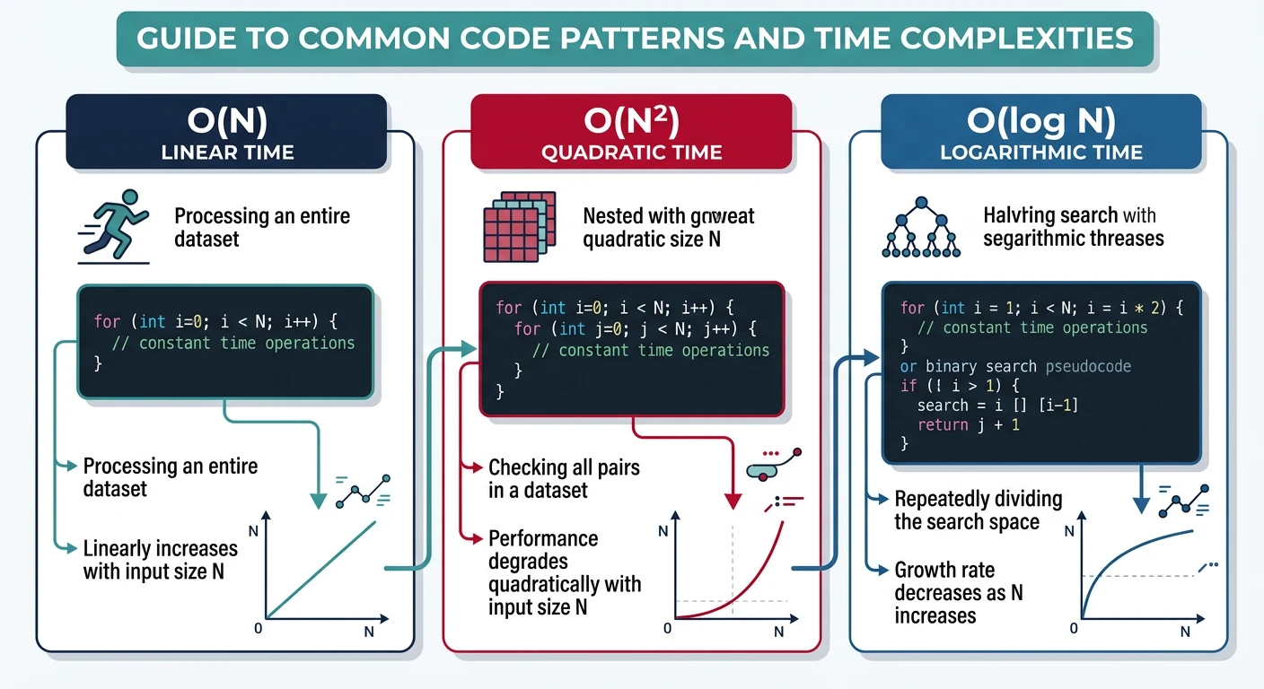 Visual guide mapping common code patterns like single loops, nested loops, and halving loops to their corresponding time complexities