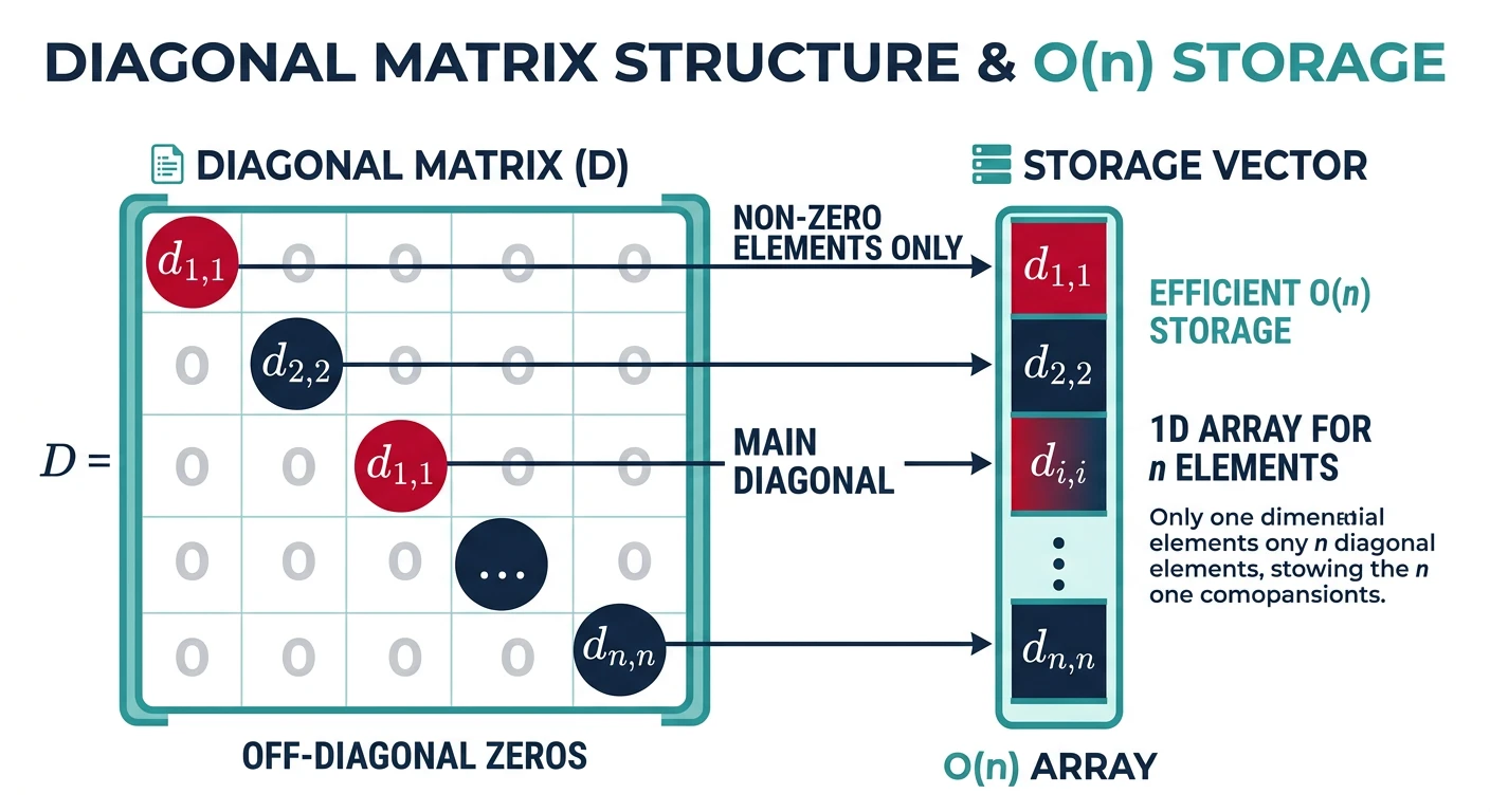 Diagonal matrix showing non-zero elements only on the main diagonal with O(n) storage