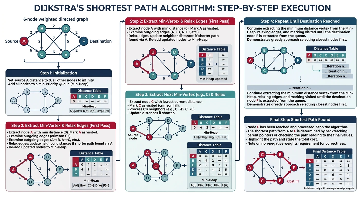Dijkstra algorithm step-by-step showing priority queue processing and distance updates