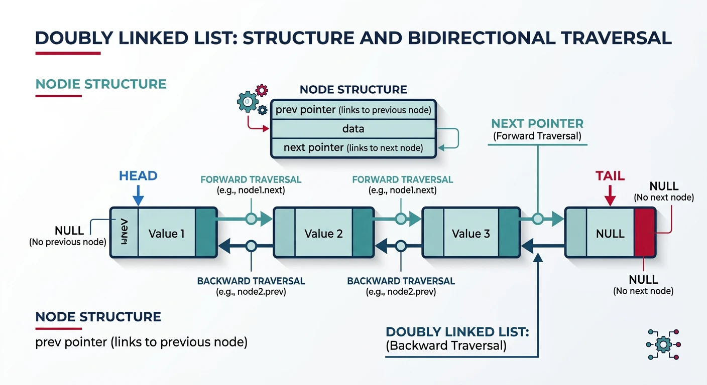 Doubly linked list showing nodes with prev and next pointers enabling bidirectional traversal between head and tail