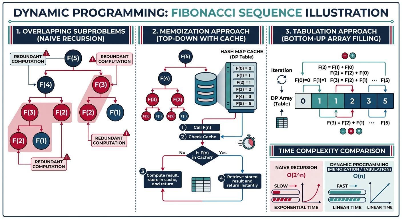 Fibonacci recursion tree showing overlapping subproblems highlighted and memoization table