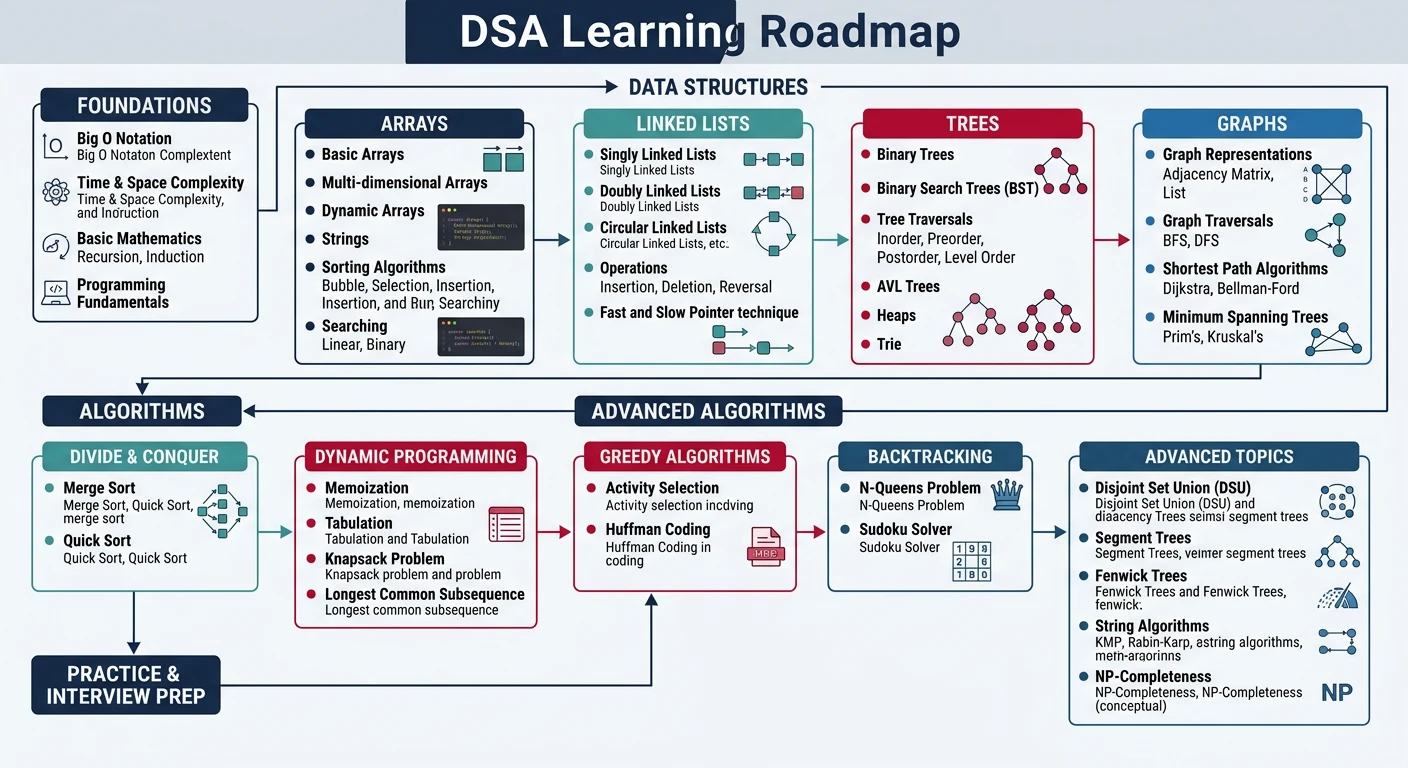 DSA learning roadmap showing the progression from foundations through arrays, linked lists, trees, graphs, and advanced algorithms