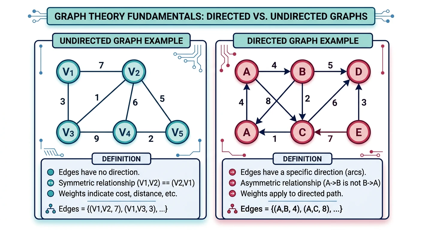 Directed and undirected graph examples with vertices, edges, and weights labeled