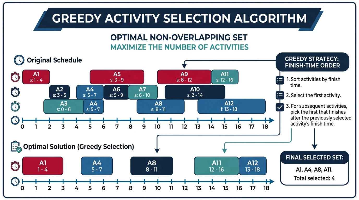 Greedy activity selection showing timeline with overlapping intervals and optimal non-overlapping selection