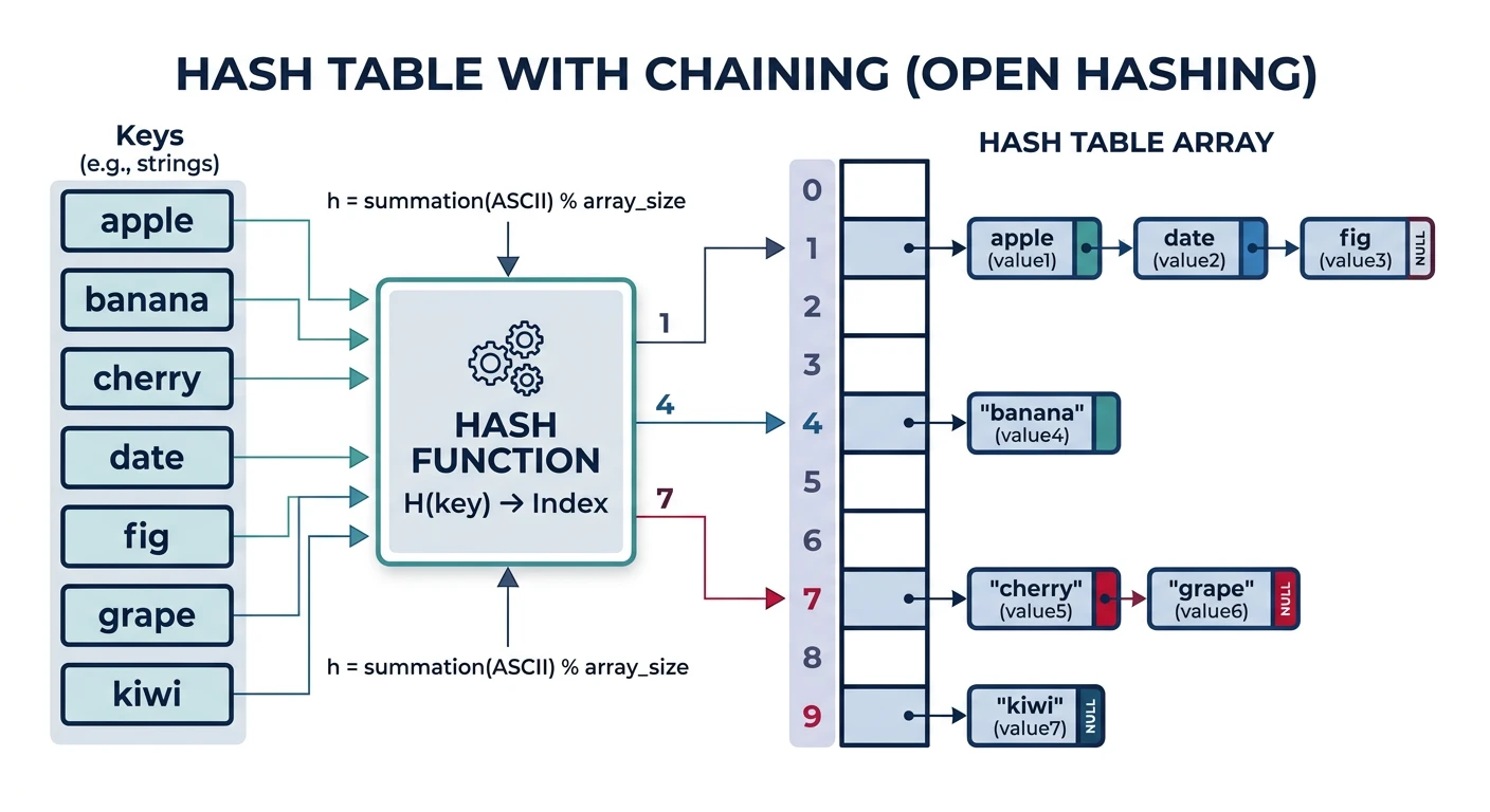 Hash table showing keys mapped through hash function to array bucket indices with chaining
