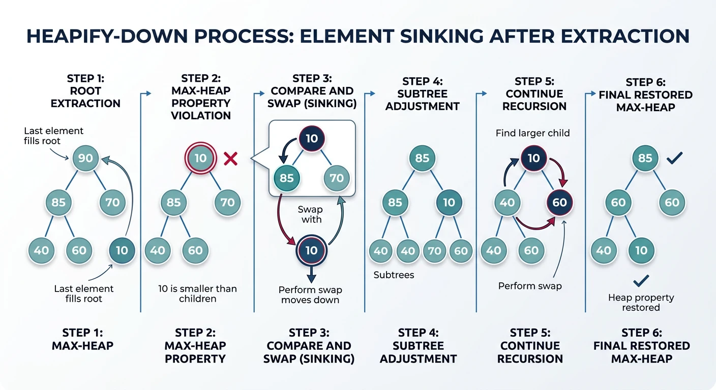 Heapify-down process showing element sinking to correct position after extraction