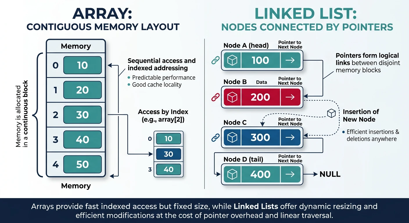 Comparison of array contiguous memory layout versus linked list scattered nodes connected by pointers