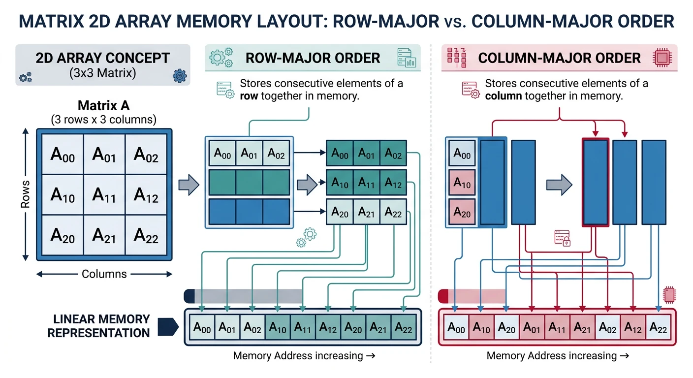 Matrix 2D array structure showing row-major and column-major memory layouts