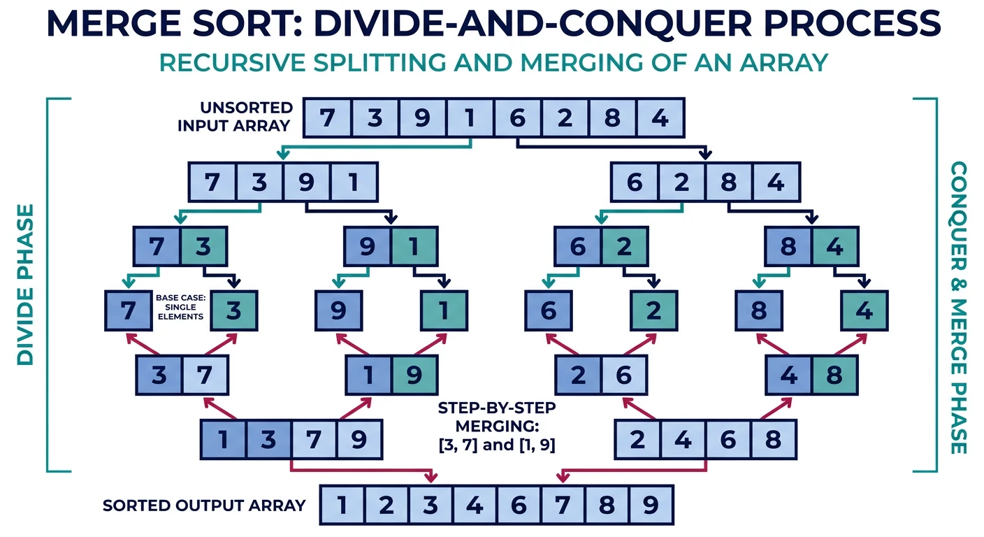 Merge sort divide-and-conquer process showing recursive splitting and merging of array