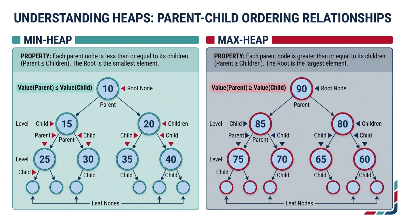 Min heap and max heap side by side showing parent-child ordering relationships