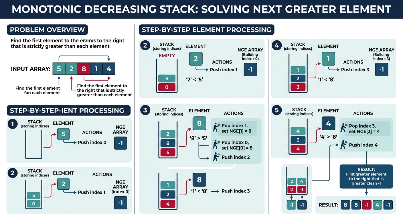 Monotonic decreasing stack solving the next greater element problem, showing step-by-step element processing and stack state