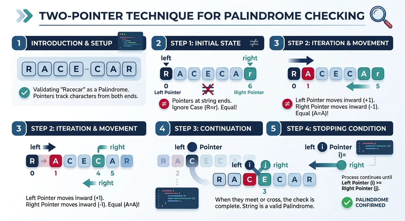 Palindrome two-pointer technique showing left and right pointers moving inward to check character equality