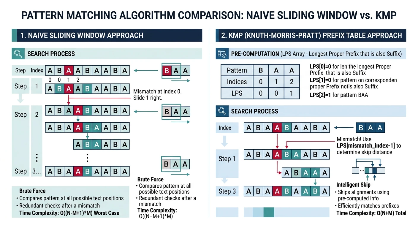 Pattern matching algorithm comparison showing naive sliding window versus KMP prefix table approach