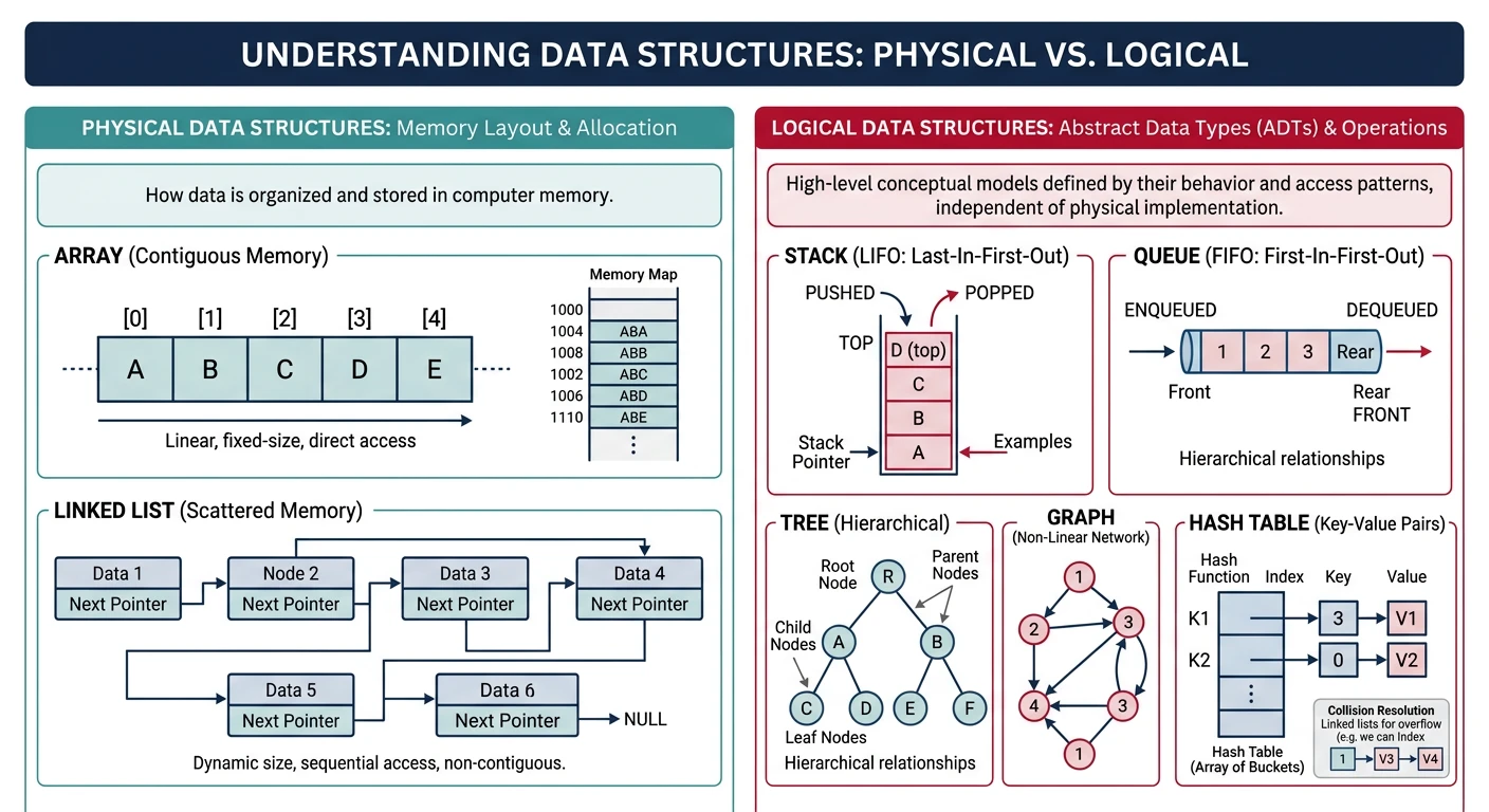 Diagram showing physical data structures (arrays and linked lists) versus logical data structures (stacks, queues, trees, graphs, hash tables)