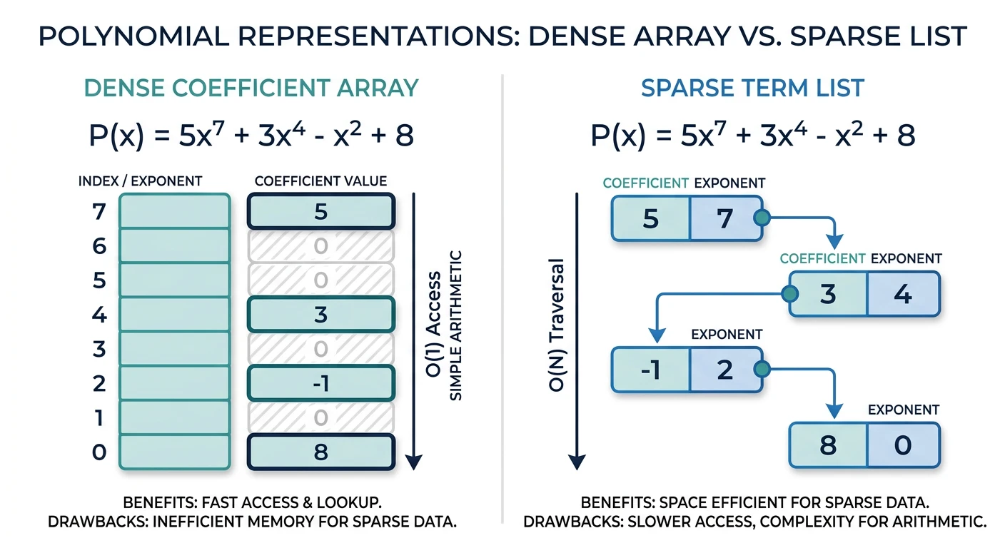Polynomial representation comparing dense coefficient array versus sparse term list