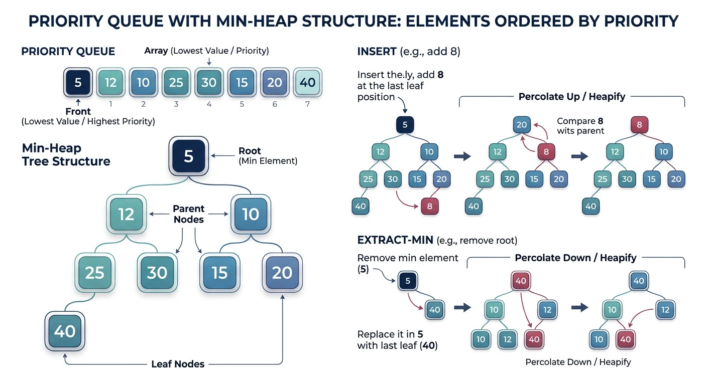Priority queue with min-heap structure showing elements ordered by priority