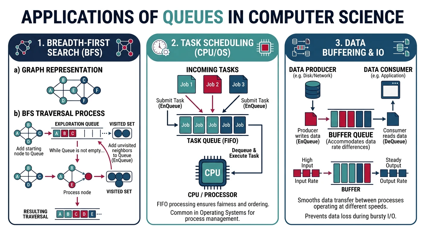 Queue applications in BFS traversal, task scheduling, and data buffering