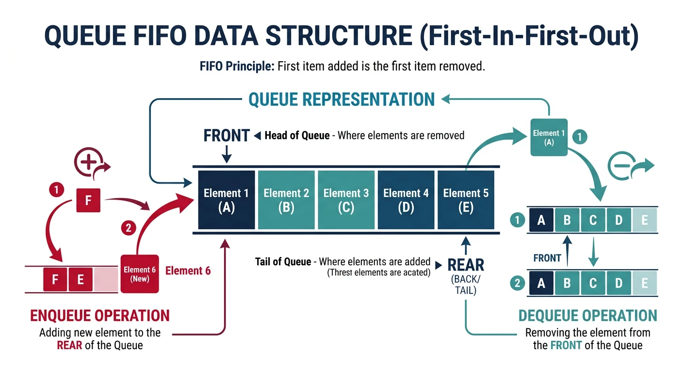 Queue FIFO data structure showing enqueue at rear and dequeue at front