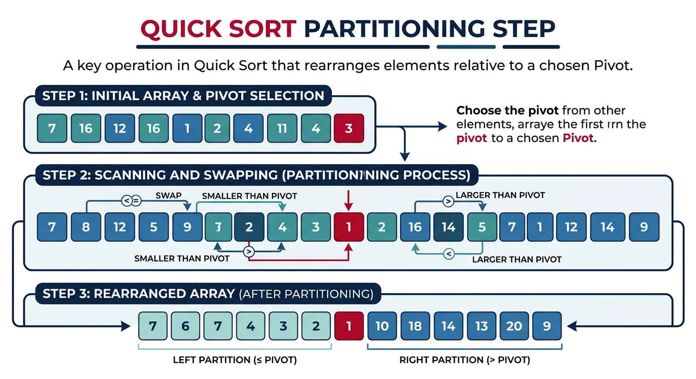 Quick sort partitioning step showing pivot selection and elements rearranged into left and right partitions