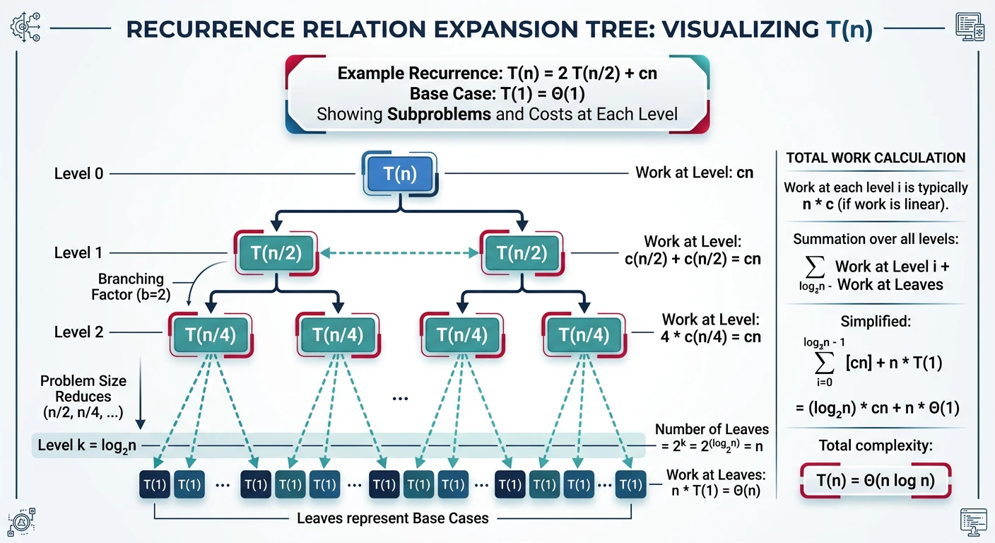 Recurrence relation expansion tree showing how T(n) breaks into subproblems at each level