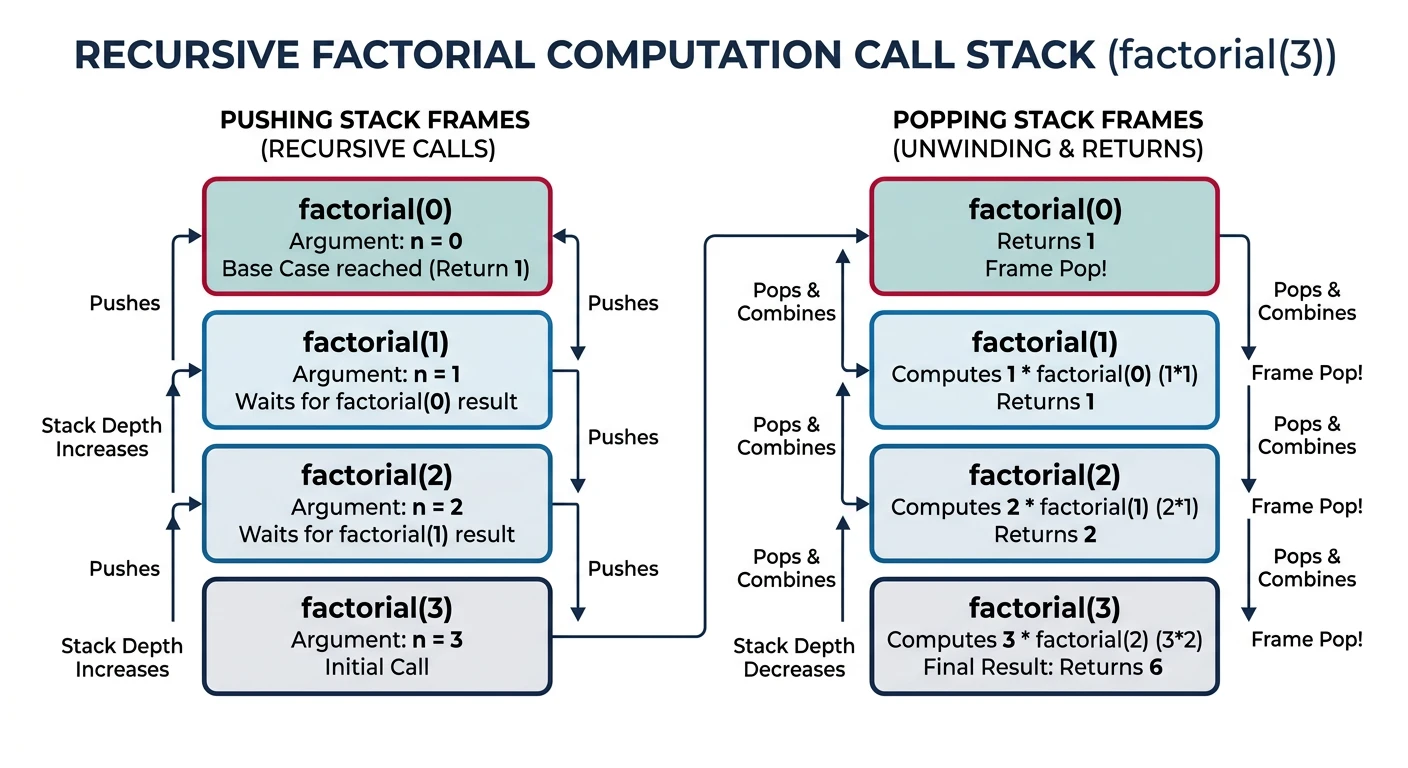 Call stack diagram showing stack frames pushed and popped during recursive factorial computation