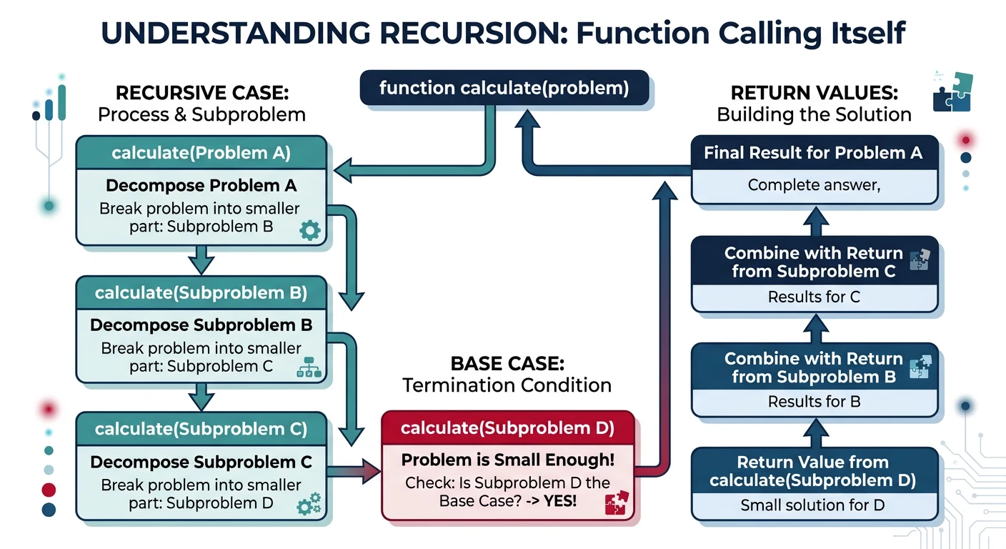 Recursion diagram showing a function calling itself with smaller subproblems until reaching the base case