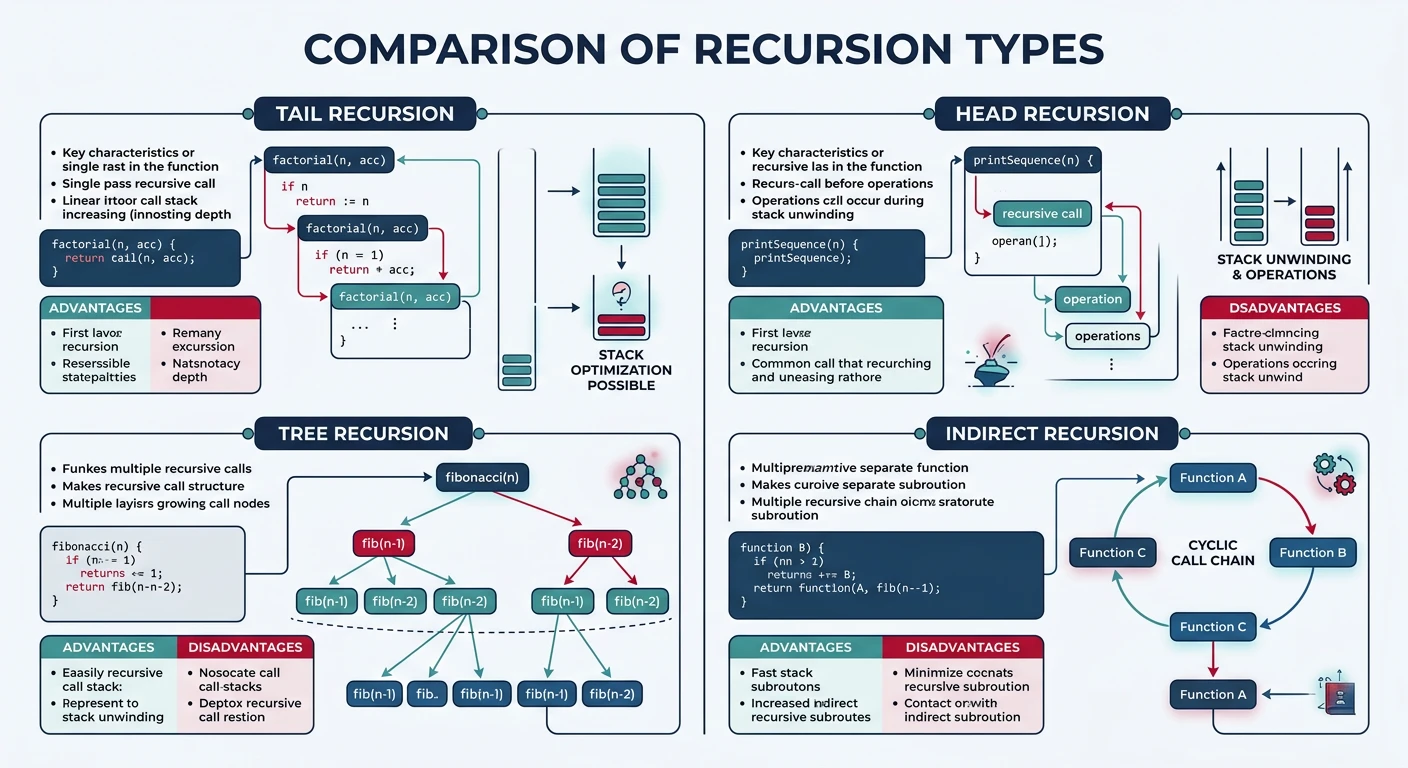 Comparison of tail recursion, head recursion, tree recursion, and indirect recursion types