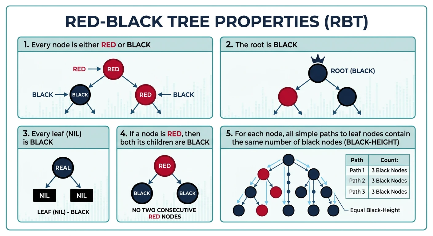Red-Black tree with nodes colored red and black showing all five properties satisfied