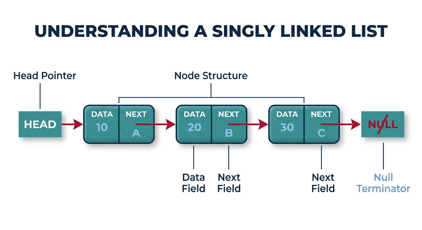 Singly linked list showing head pointer, nodes with data and next fields, and null terminator