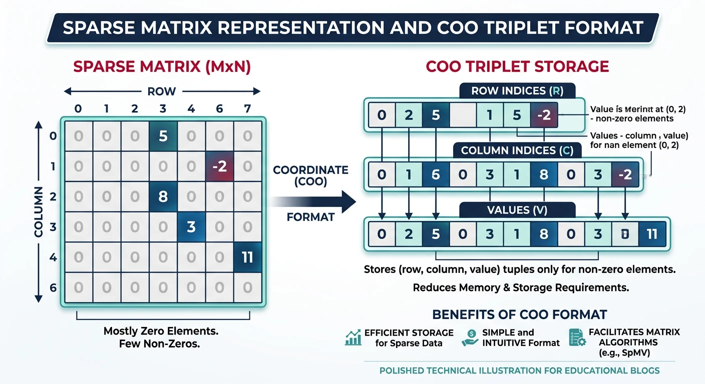Sparse matrix with mostly zero elements and COO triplet storage format