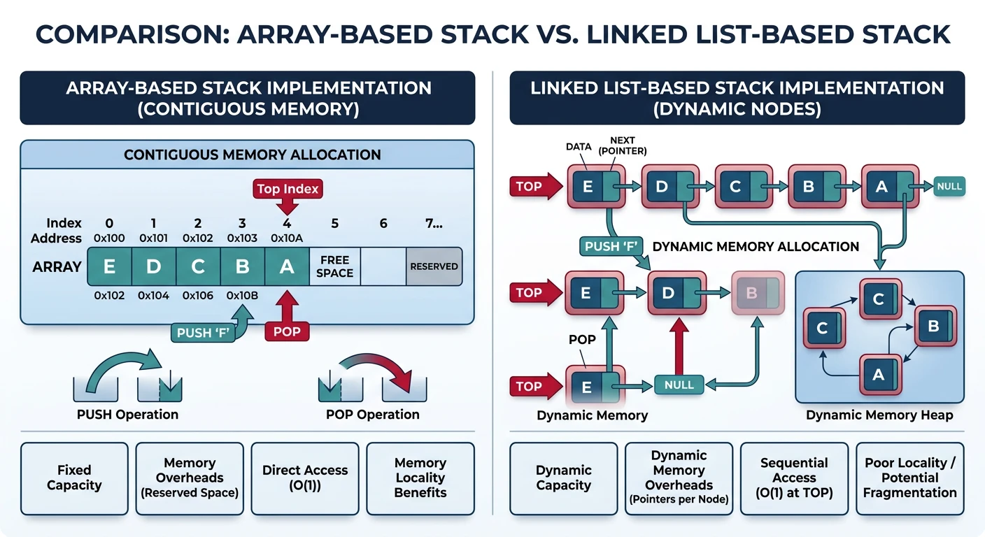 Side-by-side comparison of array-based stack using contiguous memory versus linked list-based stack using dynamic nodes