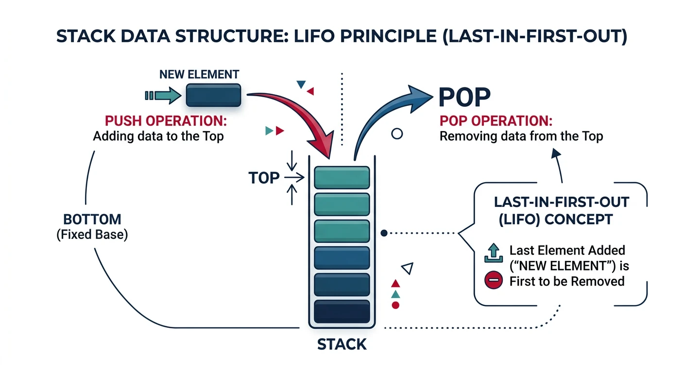 Stack data structure showing LIFO principle with push adding to top and pop removing from top