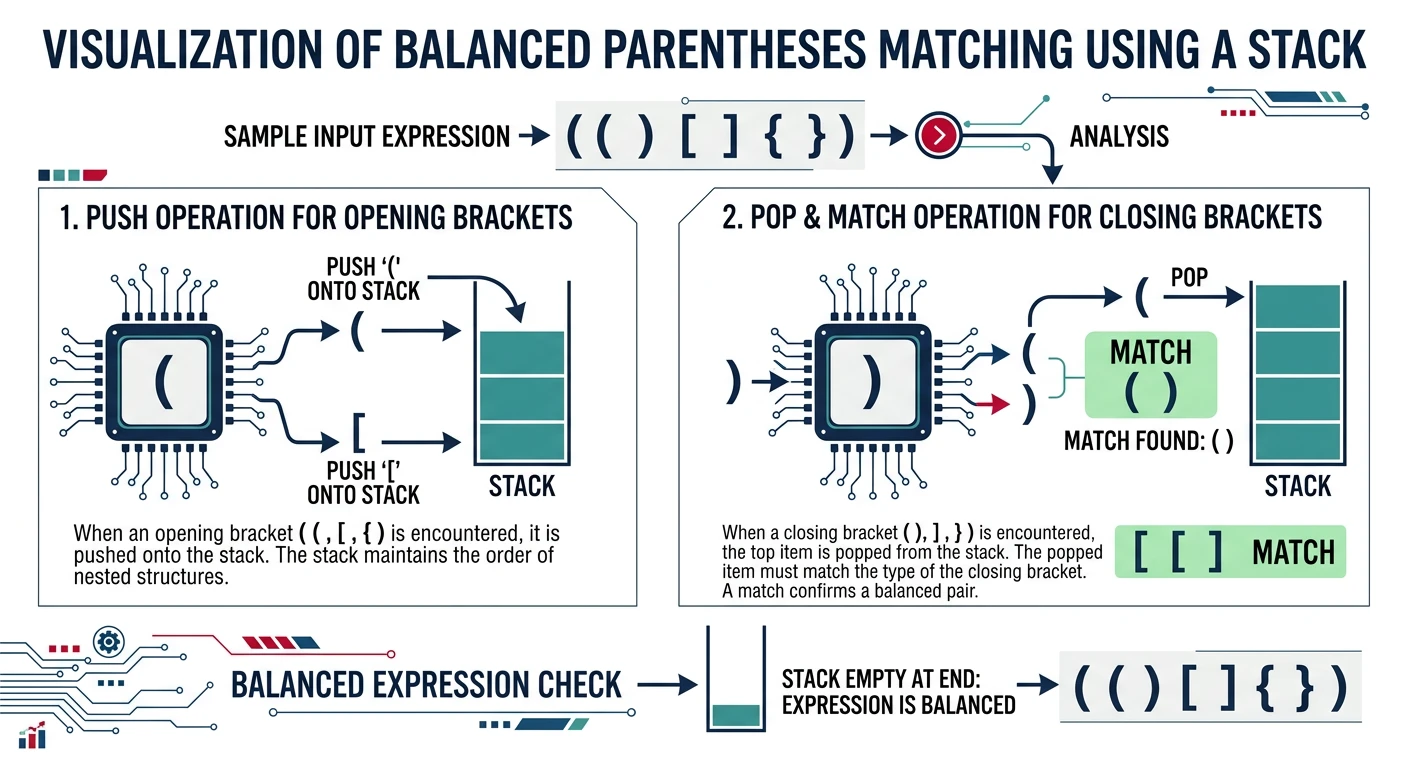 Visualization of balanced parentheses matching using a stack, showing push for opening brackets and pop-match for closing brackets