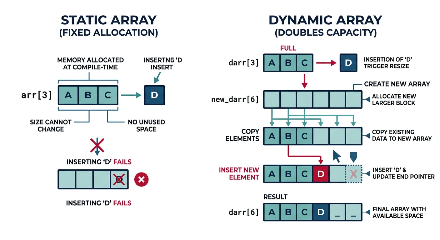 Comparison of static array with fixed allocation versus dynamic array that doubles capacity when full