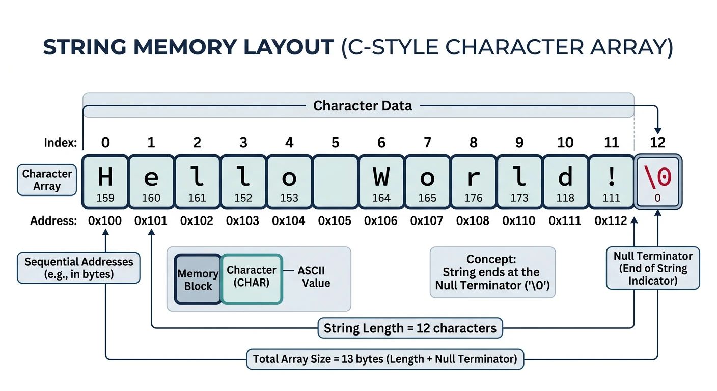 String memory layout showing character array with indices and null terminator