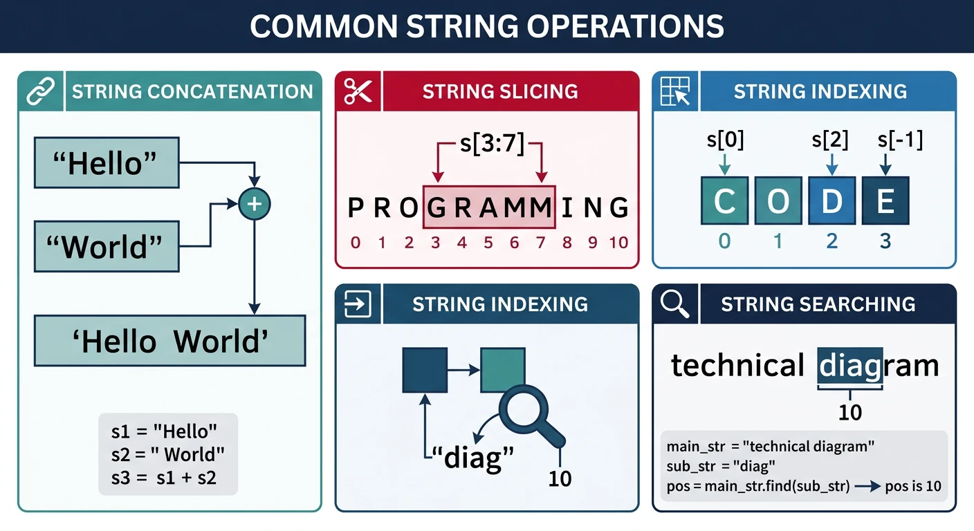 Common string operations diagram showing concatenation, slicing, indexing, and searching