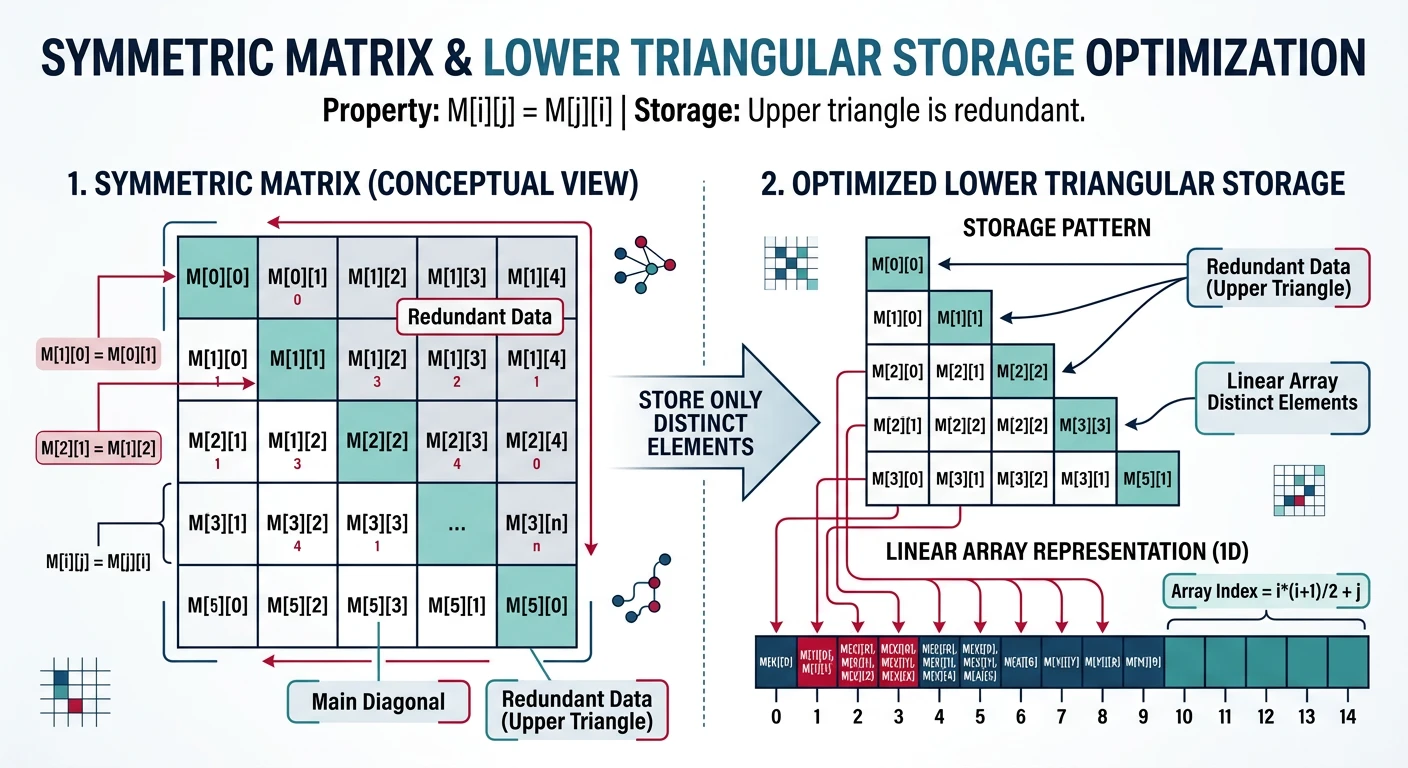 Symmetric matrix showing M[i][j] equals M[j][i] with lower triangular storage optimization